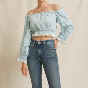 Ramy Brook NWT Charli Off-Shouler $245 Light Chambray Raw Hem Crop Top size XS